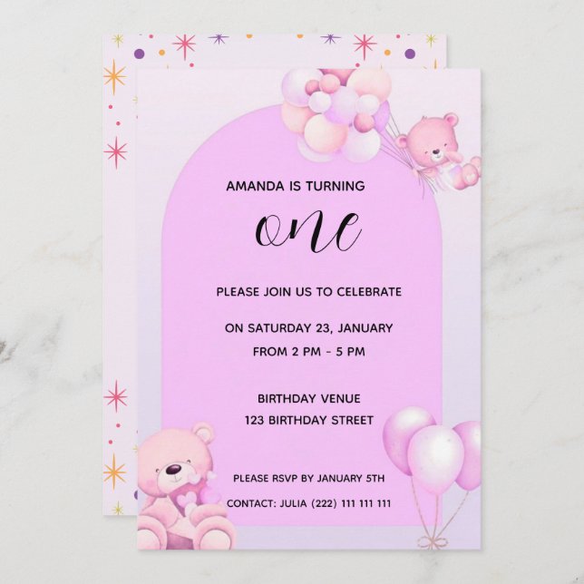 Pink Purple Teddy Bear 1st Birthday Invitation Inbjudningar (Fram/baksida)
