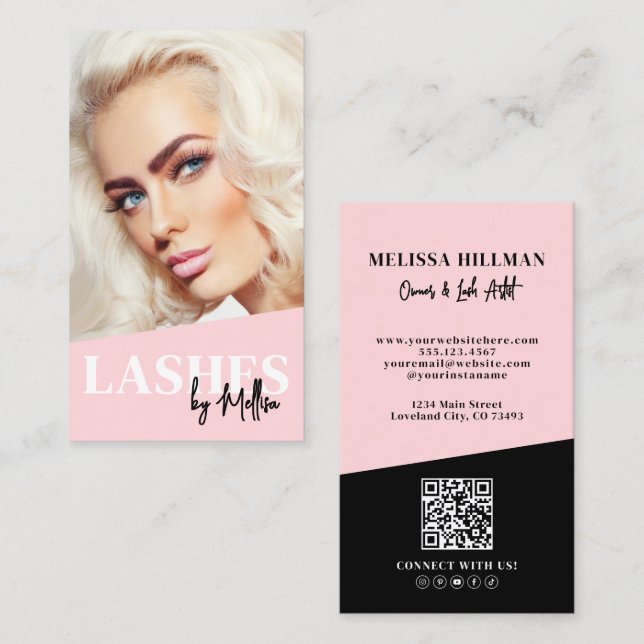 Pink QR Code Photo Lashes Vertical Visitkort (Fram/baksida)