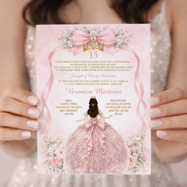 Pink Quinceañera Blush Bow Floral Sweet Inbjudningar (Skapare uppladdad)