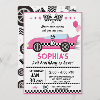 Pink Race Car Birthday Party Inbjudningar