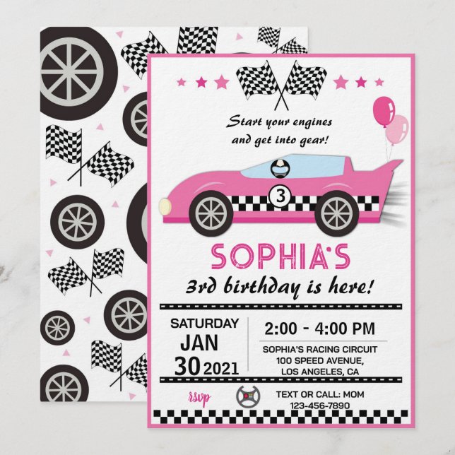 Pink Race Car Birthday Party Inbjudningar (Fram/baksida)