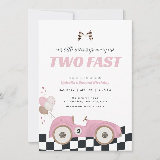 Pink Race Car Girl Two Fast Second Birthday Invite Inbjudningar (Framsida)