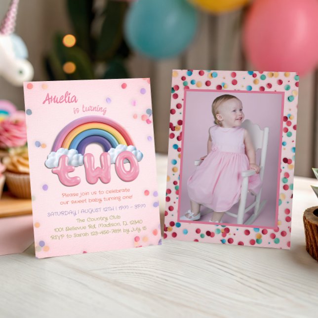 Pink Rainbow 2nd Birthday Invitation with Photo Inbjudningar (Skapare uppladdad)