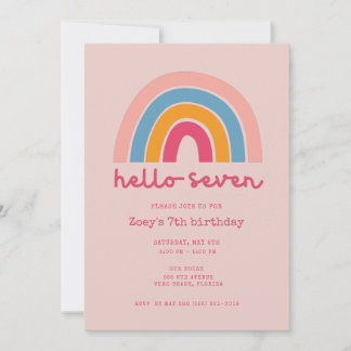 Pink Rainbow Hello Seven Girl 7th Birthday Party Inbjudningar