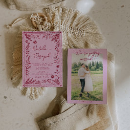 Pink Raspberry Drawn Floral Garden Photo Wedding   Inbjudningar