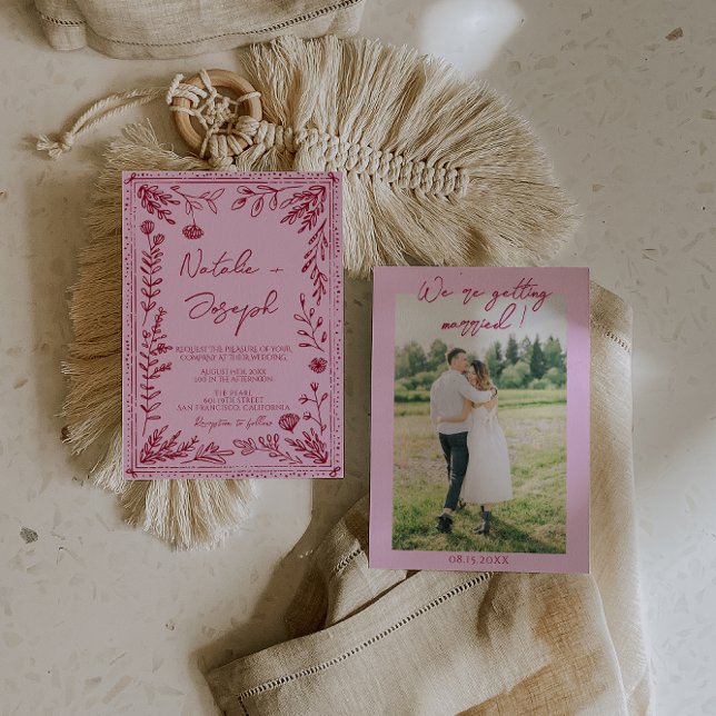 Pink Raspberry Drawn Floral Garden Photo Wedding   Inbjudningar (Skapare uppladdad)