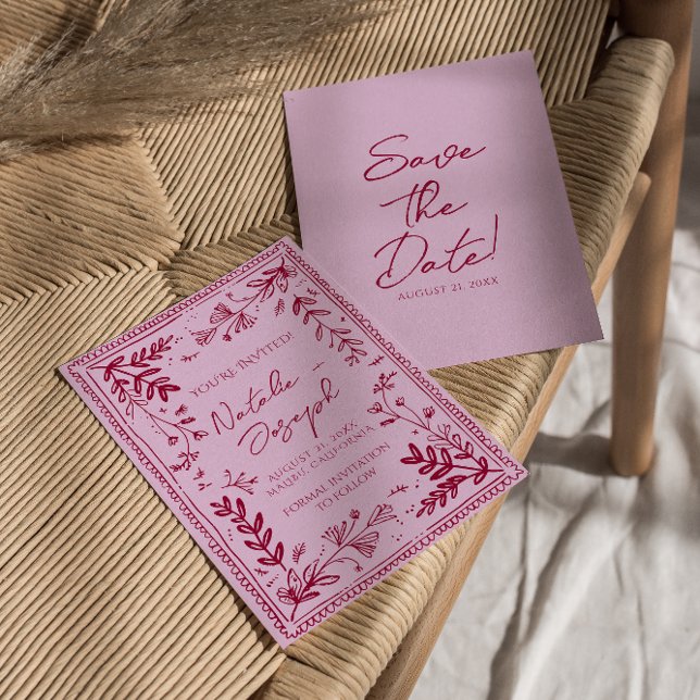 Pink Raspberry Drawn Floral Garden Save The Date Spara Datumet (Skapare uppladdad)