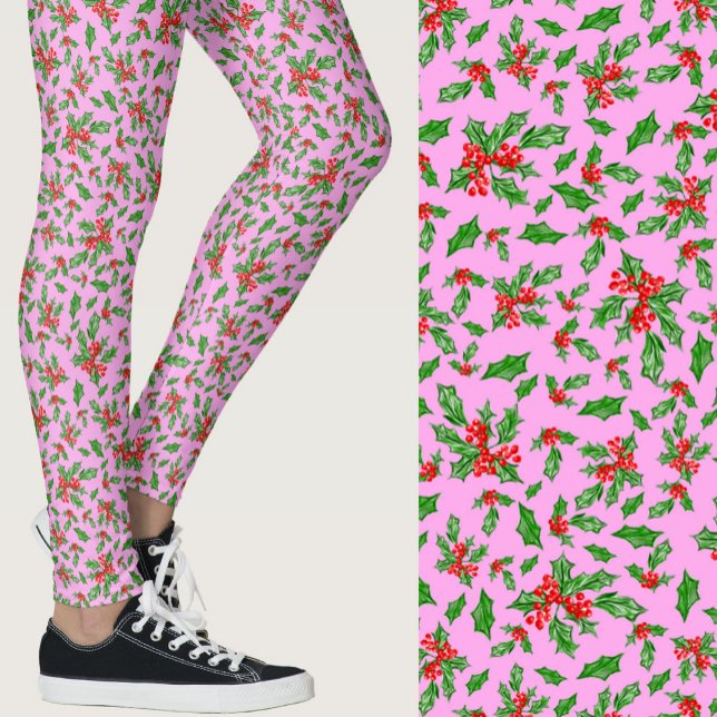 Pink, red, and green holly Christmas Patterned Leggings (Skapare uppladdad)