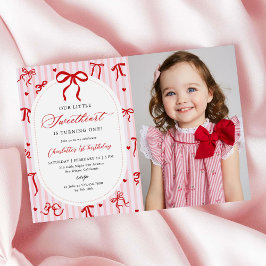 Pink Red Coquette Bow Valentine 1st Birthday Photo Inbjudningar
