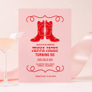 Pink Red Cowgirl Boots Ladies Birthday Party Inbjudningar