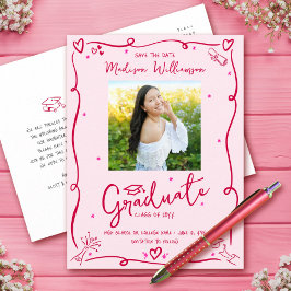 Pink Red Doodles Graduation Save the Date Photo Inbjudan Vykort