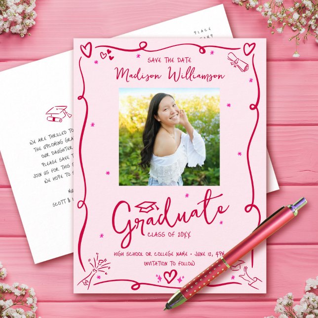 Pink Red Doodles Graduation Save the Date Photo Inbjudan Vykort (Skapare uppladdad)