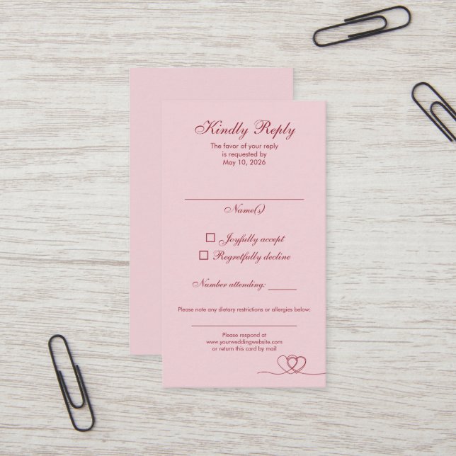 Pink Red Elegant Calligraphy Wedding RSVP Card Visitkort (Fram/Back In Situ)