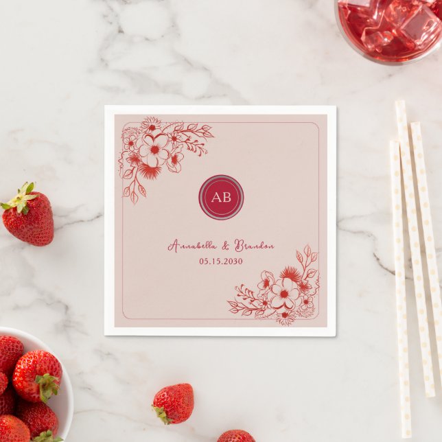 Pink Red Floral Monogram Wedding Pappersservett (Insitu)
