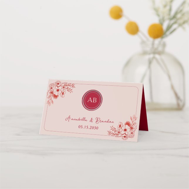 Pink Red Floral Wedding Placeringskort (Framsida)
