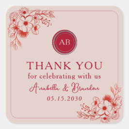 Pink Red Floral Wedding Thank You Fyrkantigt Klistermärke