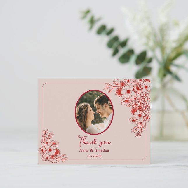Pink Red Floral Wedding Thank You Vykort (Stående Fram)