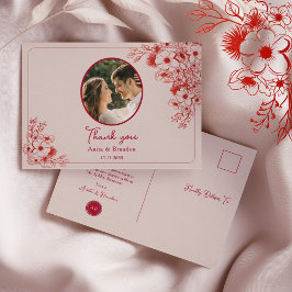 Pink Red Floral Wedding Thank You Vykort