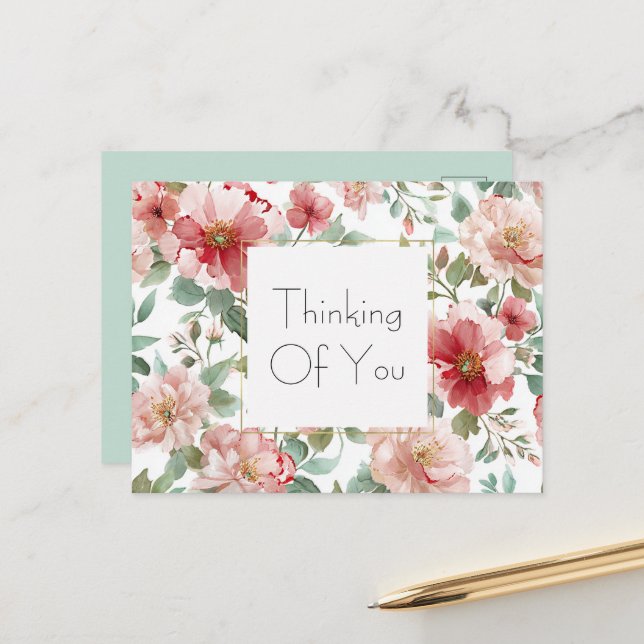 Pink Red Flowers Mint   Vykort (Fram/Back In Situ)