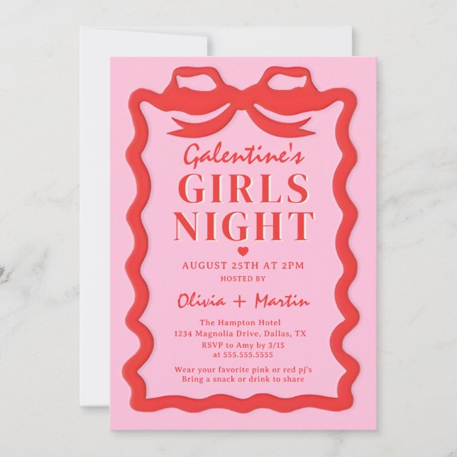 Pink Red Galentine's Girls Night Party Invitation Inbjudningar (Framsida)