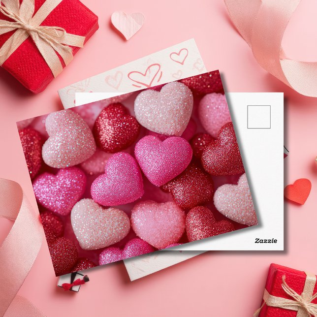 Pink Red Glitter Hearts Valentine`s Day Card  Vykort (Skapare uppladdad)