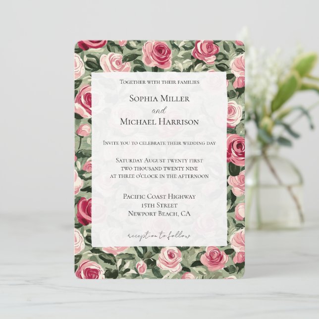 Pink Red Green Roses Floral Wedding Inbjudningar (Stående Fram)