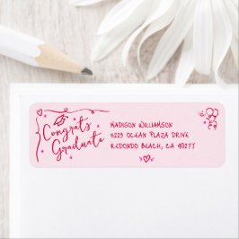 Pink Red Hand Drawn Doodle Graduation Fun Address Returadress Etikett