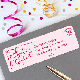 Pink Red Hand Drawn Doodle Graduation Fun Address Returadress Etikett