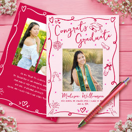 Pink Red Hand Drawn Doodles Graduation 4 Photo Fun Meddelande