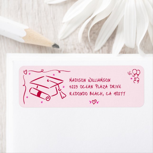 Pink Red Hand Drawn Doodles Graduation Cap Address Returadress Etikett (Insitu)