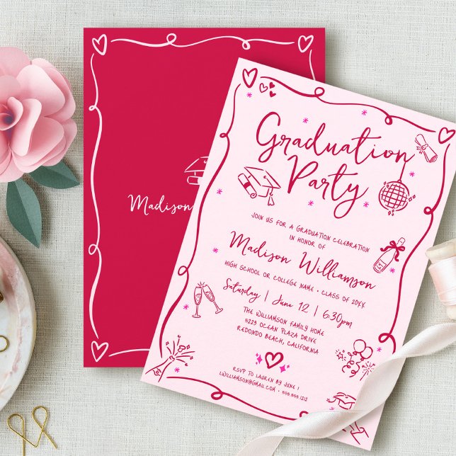 Pink Red Hand Drawn Doodles Graduation Retro Party Inbjudningar (Skapare uppladdad)
