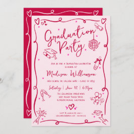 Pink Red Hand Drawn Doodles Graduation Retro Party Inbjudningar