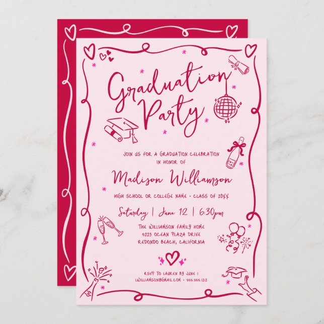 Pink Red Hand Drawn Doodles Graduation Retro Party Inbjudningar (Fram/baksida)