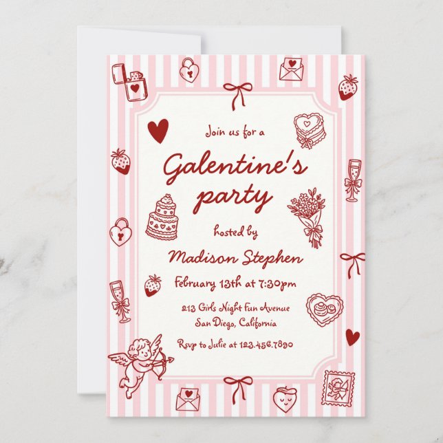 Pink Red Hand Drawn Galentine's Party Inbjudningar (Framsida)