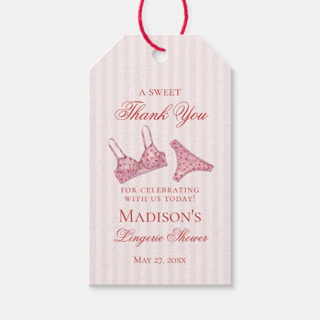 Pink & Red Heart Lingerie Shower Panty Party Favor Presentetikett (Framsidan)