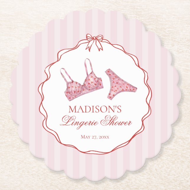Pink & Red Heart Lingerie Shower Panty Party Underlägg Papper (Framsida)