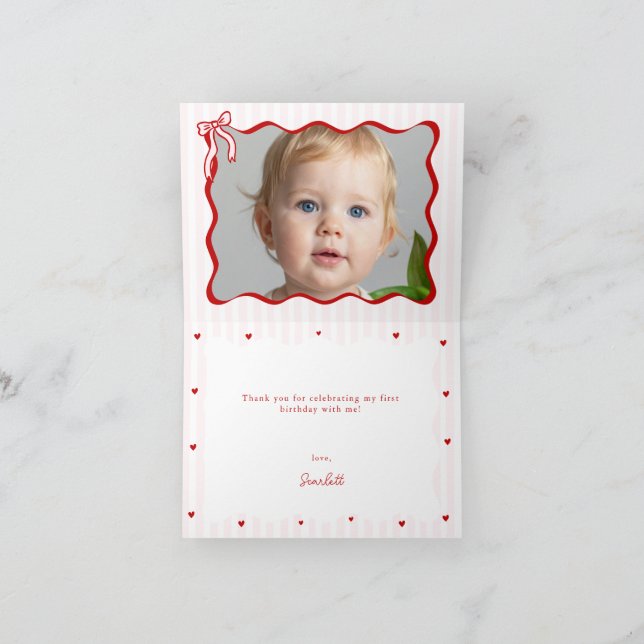 Pink Red Heart Little Sweetheart Birthday Photo Tack Kort (Inuti)