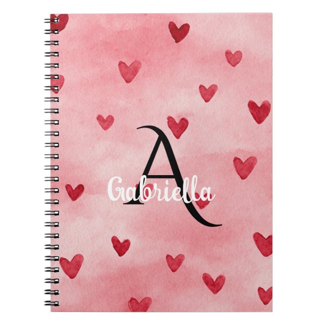 Pink Red Hearts Monogram Name Anteckningsbok (Framsidan)