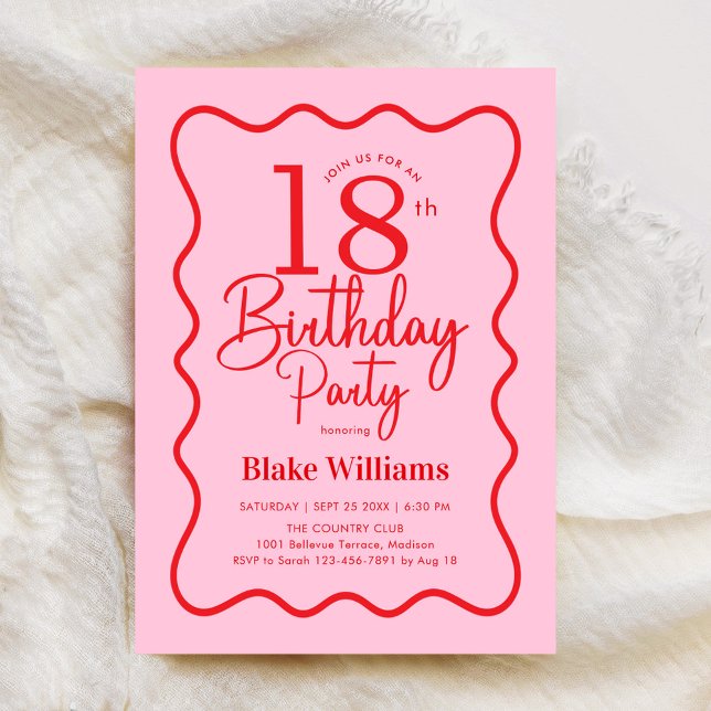 Pink Red Retro 18th Birthday Wavy Border Inbjudningar (Skapare uppladdad)
