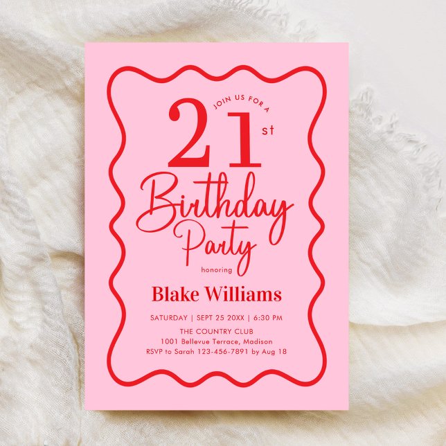 Pink Red Retro 21st Birthday Wavy Border Inbjudningar (Skapare uppladdad)
