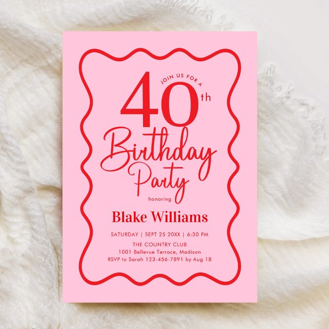 Pink Red Retro 40th Birthday Wavy Border Inbjudningar (Skapare uppladdad)