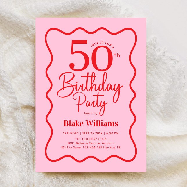 Pink Red Retro 50th Birthday Wavy Border Inbjudningar (Skapare uppladdad)