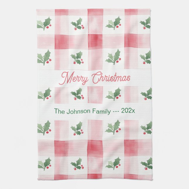 Pink Red Retro Christmas Personalized Kökshandduk (Vertikal)