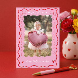 Pink Red Retro Wavy Scribble Child Photo Valentine Helgkort