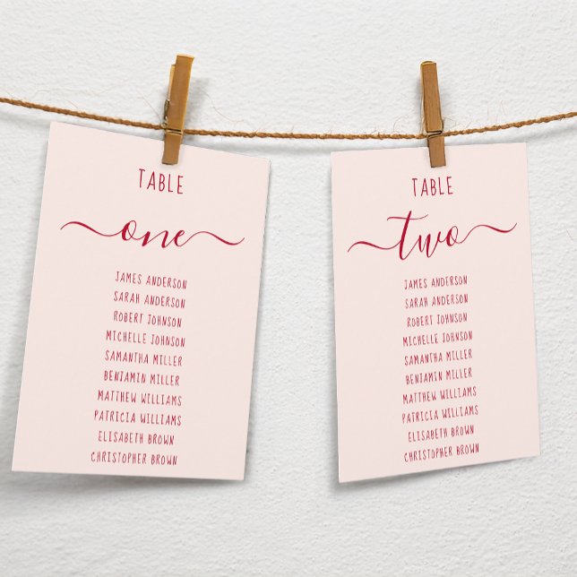 Pink & Red Script Simple Modern Seating Chart Card (Skapare uppladdad)