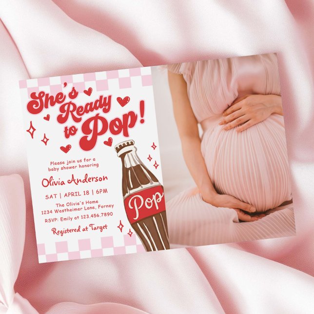 Pink Red She's Ready to Pop Baby Shower Photo Inbjudningar (Skapare uppladdad)