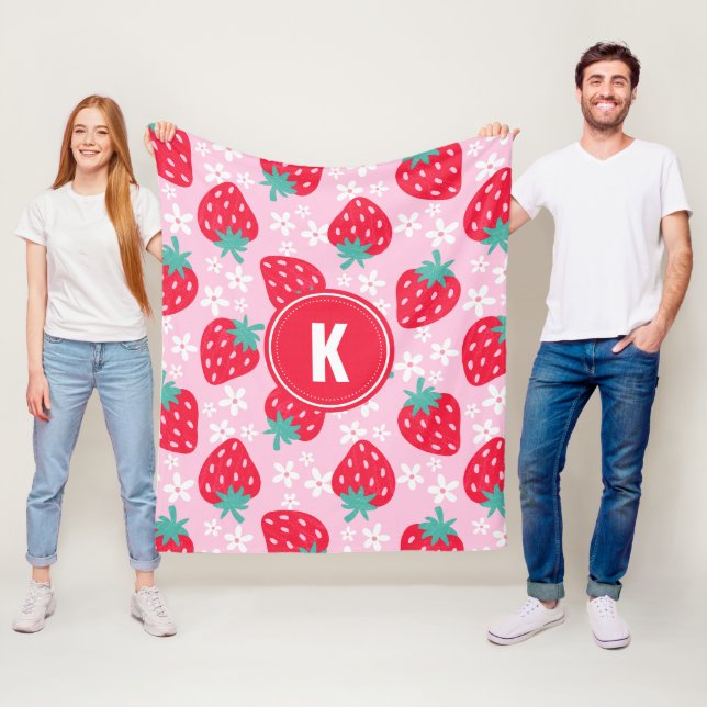 Pink Red Strawberries Floral  Pattern Monogram Fleecefilt (På plats)