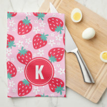 Pink Red Strawberries Floral Pattern Monogram