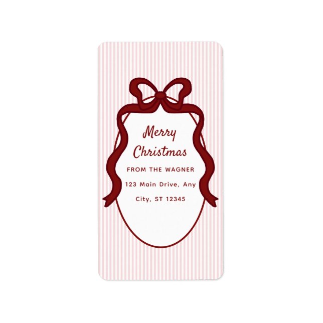 Pink Red Stripes & Bow Frame Christmas  Adressetikett (Framsidan)