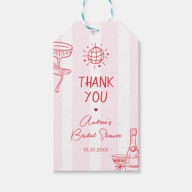 Pink & Red Stripes Disco Thank You Bridal Shower Presentetikett (Framsidan)